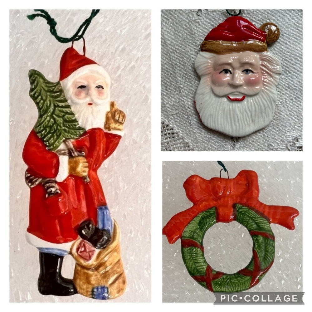 (3) Vintage Ornaments ceramic Santa standing, santa head & Christmas wreath